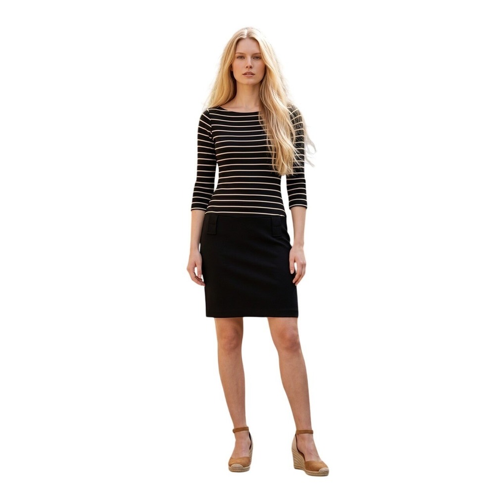 Bailey 44 Nautical Striped Sheath Dress Black Cream 3/4 Sleeve S USA $178